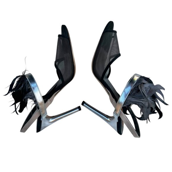 Reed Krakoff Black Mesh & Silver Leather Heels W/ Feathers Size 6.5 EU Size 37.5 - Picture 6 of 15